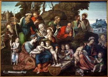 Święty Rodzic. (Święta Anna, otoczona przez trzech kolejnych mężów, Salome (niebieska tunika, ze spiczastym palcem wskazującym), Kleofas (w czerwonym płaszczu, ojciec Marii Kleofas) i Joachim, ojciec Dziewicy (czerwony płaszcz, głowa oparta na pięści) W ce