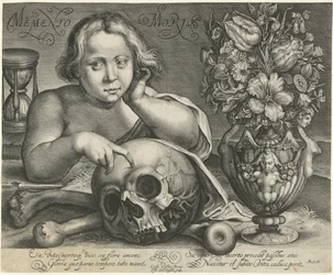 Dziecko z czaszką (Vanitas) Memento Mori (tytuł na obiekcie)