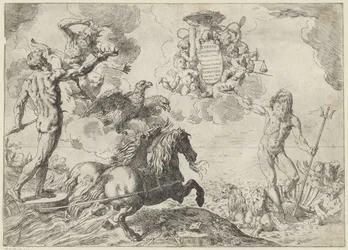 Jowisz, Neptun i Pluton ofiarowują swoje korony w ramionach kardynała Scipione Borghese Teza Jupiter, Neptune et Pluton coronas suas offerunt armis (tytuł na obiekcie)