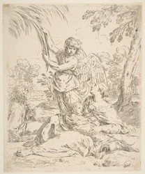 Odpocznij w Egipcie, Maria opiekująca się niemowlęciem Chrystusem, podczas gdy anioł ciągnie za gałęzie drzew, ok. godz. 1639.