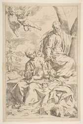 Odpocznij w ucieczce do Egiptu, Maryja trzymająca Dzieciątko Chrystusa, podczas gdy św. 1639.