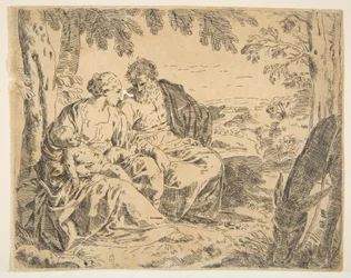 Odpocznij w locie do Egiptu, Maryja trzymająca Dzieciątko Chrystusa, podczas gdy św. 1637-1639 lub później.