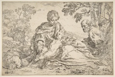 Odpocznij podczas lotu do Egiptu, Maryja trzymająca Dzieciątko Chrystusa ze św. Józefem po prawej stronie, ok. godz. 1640.