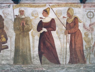 Śmierć z zakonnicą, młodą kobietą i staruszką, fragment z Tańca śmierci