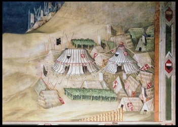 Upamiętnienie Guidoriccio da Fogliano podczas oblężenia Montemassi, szczegóły obozu wojskowego, z Sala del Mappamondo, 1328 r.