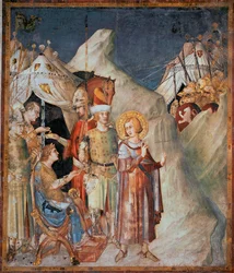 Epizody z życia św. Marcina: „Święty Marcin z Tours wyrzeka się broni”” Fresk Simone Martini (1285-1344). 1312-1317 - Dim 265x230 cm Dolna Bazylika św. Franciszka z Asyżu; Kaplica św. Marcina, Asyż