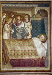 Fresk z życia św. Marcina. Sen św. Marcina: Chrystus otoczony aniołami objawia mu się jako żebrak, któremu dał swój płaszcz. Obraz Simone Martini (1280-1344). Fresk