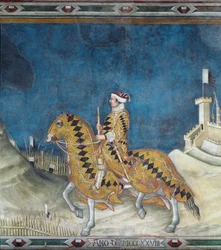 Guidoriccio da Fogliano. Guido Riccio da Fogliano (zm. 1352), dowódca (condottiero) armii Sieny podczas zdobywania zamku Montemassi w Maremma (Maremma) w 1328 r. Fresk Simone Martini (1284-1344)