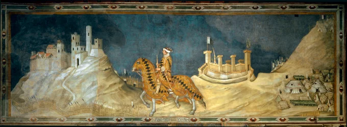 Guidoriccio da Fogliano. przedstawienie Guido Riccio da Fogliano (zm. 1352), dowódcy (condottiero) armii sieneńskiej, podczas zdobywania zamku Montemassi w Maremma (Maremma) w 1328 roku. Obraz Simone Martini (1280-1344)