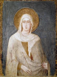 Św. Małgorzata z Antiochii (wcześniej znana jako Św. Clair) Fresk autorstwa Simone Martini Dim. 120 cm. Około 1322 r. Asyż (Asyż), dolna bazylika San Francesco (Saint Francois), prawy transept. Włochy ©Luisa Ricciarini/Leemage