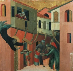Cud dziecka, które spadło z balkonu, fragment ołtarza Błogosławiony Agostino Novello i opowieści z jego życia, ok. 1330, Simone Martini (1283-1344), olej na płótnie, 200x256 cm