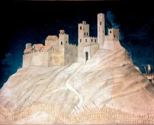 Widok zamku Montemassi in Maremma (Maremma) w 1328 roku. Fresk Simone Martini (1284 ok.-1344)
