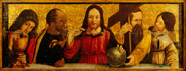 Ostatnia Wieczerza, detal z predelli poliptyku autorstwa Simone da Firenze, obraz na drewnie, kościół Świętych Piotra i Pawła, San Chirico Raparo, Potenza, Włochy.