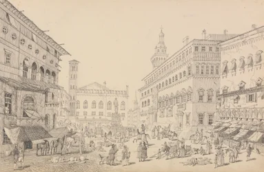 Album 30 widoków w Tyrolu i we Włoszech: plac w Bolonii, katedra i pałac legata papieskiego 12 listopada 1840 r.
