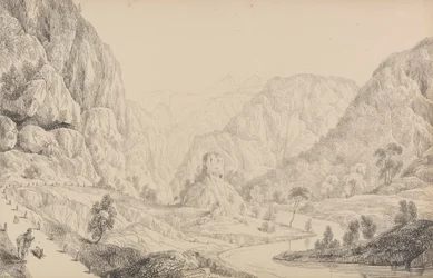 Album 30 widoków w Tyrolu i we Włoszech: widok na Eisak w pobliżu Mittenwaldu, 27 października 1840 r