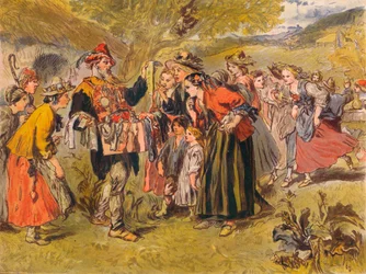 Autolycus śpiewa w Zimowej opowieści: Akt IV, scena III, c1875