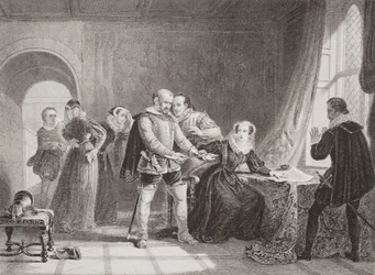 Maria Królowa Szkotów (1542-87) zmuszona do podpisania swojej abdykacji w zamku Lochleven w 1567 roku, z „Illustrations of English and Scottish History” tom I
