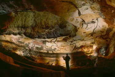 Tłum kalcytowych ścian Sali Byków w jaskini Lascaux.