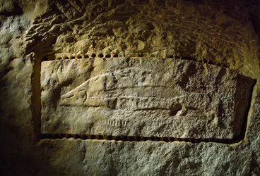 Prehistoryczna rzeźba jaskiniowa przedstawiająca łososia, z Abri du Poisson ("Fish Rock She...