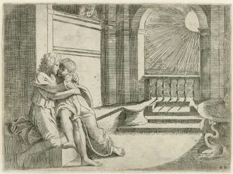 Abimelech ziet Isaak Rebekka liefkozen Bijbelse sceny (tytuł serii) Historia del Testamento Vecchio / Namalowany w Rzymie w Watykanie przez Raffaelle di Urbin (...) (tytuł serii)