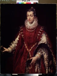 „Portret patrycjusza, członka zamożnej rodziny w średniowiecznych Włoszech”” (Portret patrycjusza) Bogato ubrana młoda kobieta, z futrem na ramieniu, koronkowym kołnierzykiem i aksamitną sukienką. Obraz Sofonisby Anguissoli (1532-1625) 1558 Lwów, Muzeum