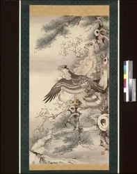 Para jastrzębi z gałęziami i kwiatami (atrament, kolor i złoto na jedwabiu)