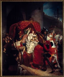 Powstanie Brugii z 1436 r.: „”Księżna Burgundii u bram Brugii”””Izabela Portugalska (1397-1471) została aresztowana wraz ze swoim synem Karolem Temerowym pod fortyfikacjami. Obraz Sophie Rude (1797-1867) 1841 Nd. 1,84x1,5 m Dijon, Muzeum F
