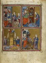 Dodać. 27210, f.12v Sceny z Exodusu: Plagi wszy, żab, mordu i zarazy, ilustracje ze „Złotej Hagady” (atrament, kolor i złoto na welinie)