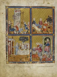 Dodać. 27210, f.3 Sceny z Genesis: Budowa wieży Babel; Noe cięcie winogron; Abraham i Sara; Nimrod i Abraham, ilustracje ze „Złotej Hagady” (welum)