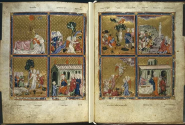 Dodać. 27210, f.4v-5 Sceny z Genesis, ze „Złotej Hagady” (tusz, kolor i złoto na welinie)