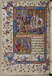 Dodać. 28962, f.281v, Alfons V uczestniczy we Mszy, z Psałterza i Godzin Alfonsa V Aragońskiego. ok. 1442 (welum)
