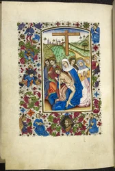 Dodaj MS 50004 f.70v Dziewica Maryja trzymająca ciało Chrystusa, z dwoma uczniami i kobietami obok niej, z „Księgi godzin” (tusz, kolor i złoto na welinie)