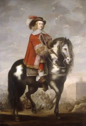 Portret jeździecki kardynała Infante Fernando de Borbon, gubernatora Niderlandów hiszpańskich, pełnej długości w czerwonym płaszczu i kapeluszu z pióropuszem, bitwa dalej, ok. 1685