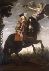 Portret jeździecki króla Karola II, pełnej długości, w czerwonym płaszczu z białym obszyciem, koronowany wawrzynem przez anioła, Madryt w oddali, ok. 1685