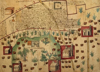 Ayer MS 1801 Mapa 1: Mapa ziem w regionach Tultepec i Jaltocan sąsiadujących z Hacienda de Santa Ines w Meksyku, opublikowana 1569