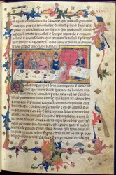 Bankiet wydany przez ks. Martella dla Jakuba I (1208-76) w Tarragonie w 1228 r., na którym uzgodniono podbój Balearów, z „Libre dels Feits” (welin) (patrz także 113569)