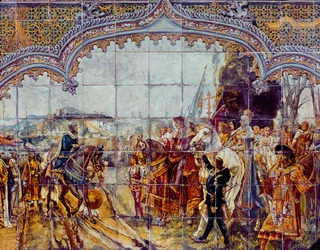 Boabdil przekazuje klucze Granady katolickim królom w 1492 r. (ceramika)