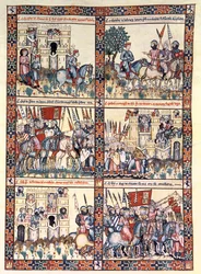 Cantiga 187, jeden z 420 utworów muzycznych opowiadających o cudach Matki, napisany po galicyjsku dla Alfonsa X „Mądrego” (1221-84) (welum)