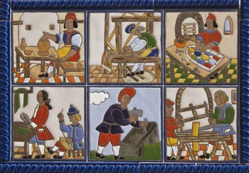 Ceramiczny obraz XVII-wiecznego handlu przed sklepem w Maladze