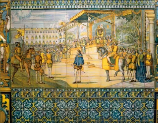 Uroczystości w Valladolid ku czci Filipa II Hiszpańskiego w maju 1559. Kafelki ze szkoły Talavera au palais de la famille Pimentel, Valladolid.