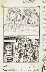 Kodeks podboju Meksyku - miniatura z florenckiego manuskryptu "Storia degli Aztechi" (Historia Azteków) autorstwa Bernardino de Sahaguna