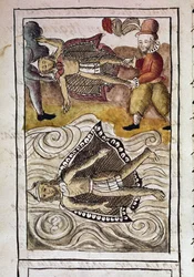 Kodeks podboju Meksyku: Ciała Itzquauhtzina i Montezumy, czyli azteckiego cesarza Moctezumy II (1466-1520), zostają wyrzucone z pałacu przez Hiszpanów.