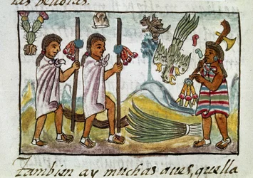 Kodeks podboju Meksyku: kupcy przebrani w Tzinacantlan. Miniatura florenckiego manuskryptu "Storia degli Aztechi" (Historia Azteków) autorstwa Bernardino de Sahaguna.