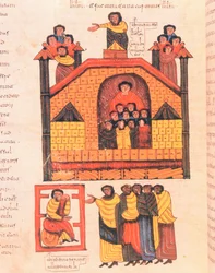 Podbój Jerozolimy przez Nabuchodonozora i proroka Jeremiasza, otrzymujący dygnitarzy miasta, fol.283v., z Wizygotycko-Mozarabskiej Biblii św. Izydora, AD 960 (tempera na welinie)