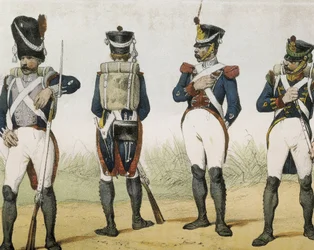 DE SOTTO, Serafin Maria, hrabia Clonard (1793 - 1862). Historia organica de las armas de Infanteria y Caballeria espanolas. 1851 - 1859. Piechota za panowania Ferdynanda VII Hiszpańskiego. Grenadier, strzelec, sierżant i kirasjer (1815-1820). Rycina