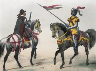 DE SOTTO, Serafin Maria, hrabia Clonard (1793 - 1862). Historia organica de las armas de Infanteria y Caballeria espanolas. 1851 - 1859. Kawalerzyści za panowania Filipa II Hiszpańskiego. "Heraldo de caballeria" (herald broni) i "hombre de armas" (Ma