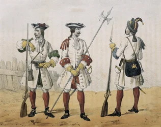 DE SOTTO, Serafin Maria, hrabia Clonard (1793 - 1862). Historia organica de las armas de Infanteria y Caballeria espanolas. 1851 - 1859. Piechota liniowa za panowania Filipa V Hiszpańskiego. Strzelec, sierżant i grenadier (1707-1718). Litografia. HISZPANIA