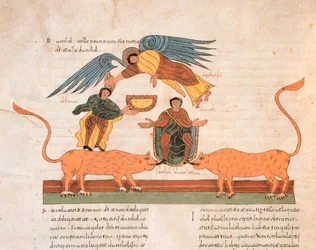 Daniel w Lions Den, z Wizygotycko-Mozarabskiej Biblii św. Izydora, fol.325v., AD 960 (tempera na welinie)