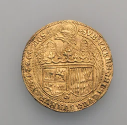 Podwójny excelente Ferdynanda II Aragońskiego (1452-1516) i Izabeli Kastylijskiej (1451-1504), mennica w Sewilli, 1475