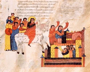 Wjazd króla Dawida do Jerozolimy przy dźwięku trąb, z wizygocko-mozarabskiej Biblii św. Izydora, fol. 135r., 960 n.e.